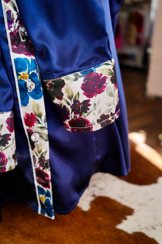 2XL - Navy Plum Floral on Navy Satin Button Down
