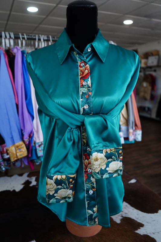 L - Emerald & Rust Floral on Emerald Satin Button Down
