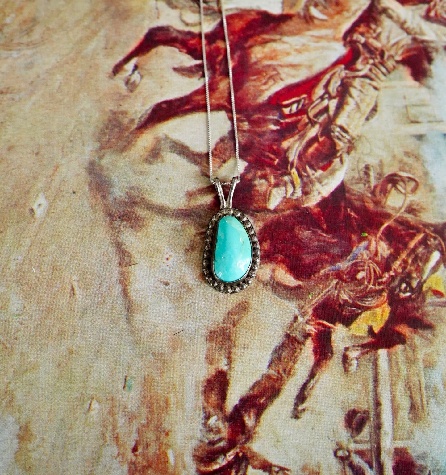 Vintage Turquoise Nugget w/ Beaded Border Pendant