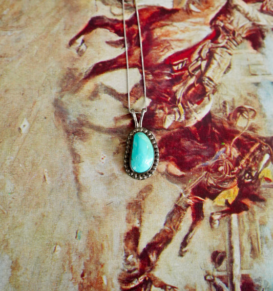 Vintage Turquoise Nugget w/ Beaded Border Pendant