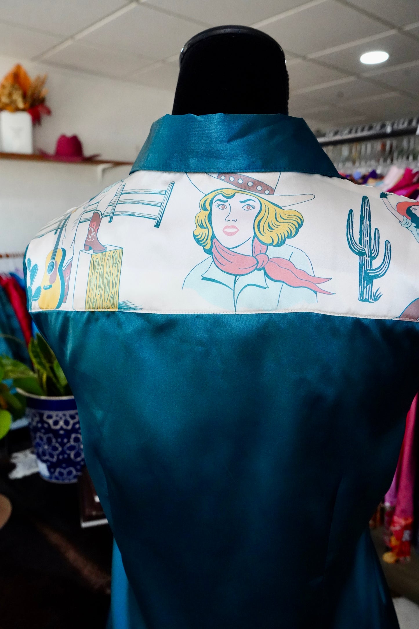 M - Cowboys & Aliens on Teal Satin Button Down