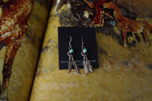 Vintage Turquoise w/ Silver Feathers Fish Hook Earrings