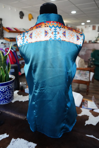L - Sunrise Aztec on Teal Satin Button Down