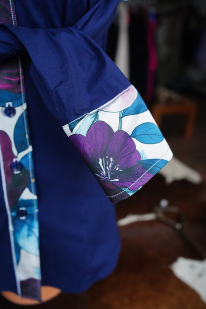 M - Navy & Purple Lg Floral on Navy Cotton Button Down