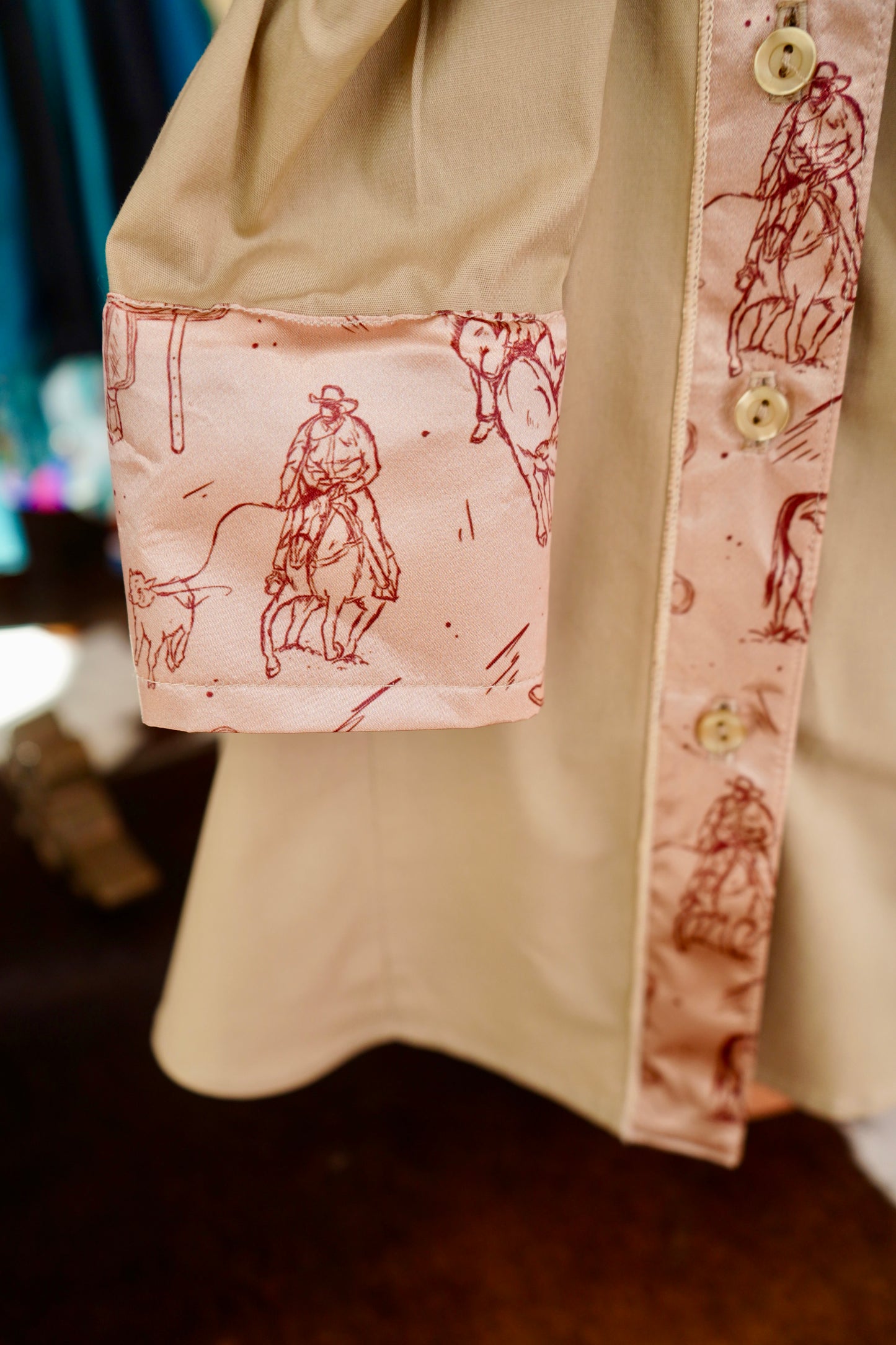 XL - Cowboy Sketches on Tan Cotton Button Down
