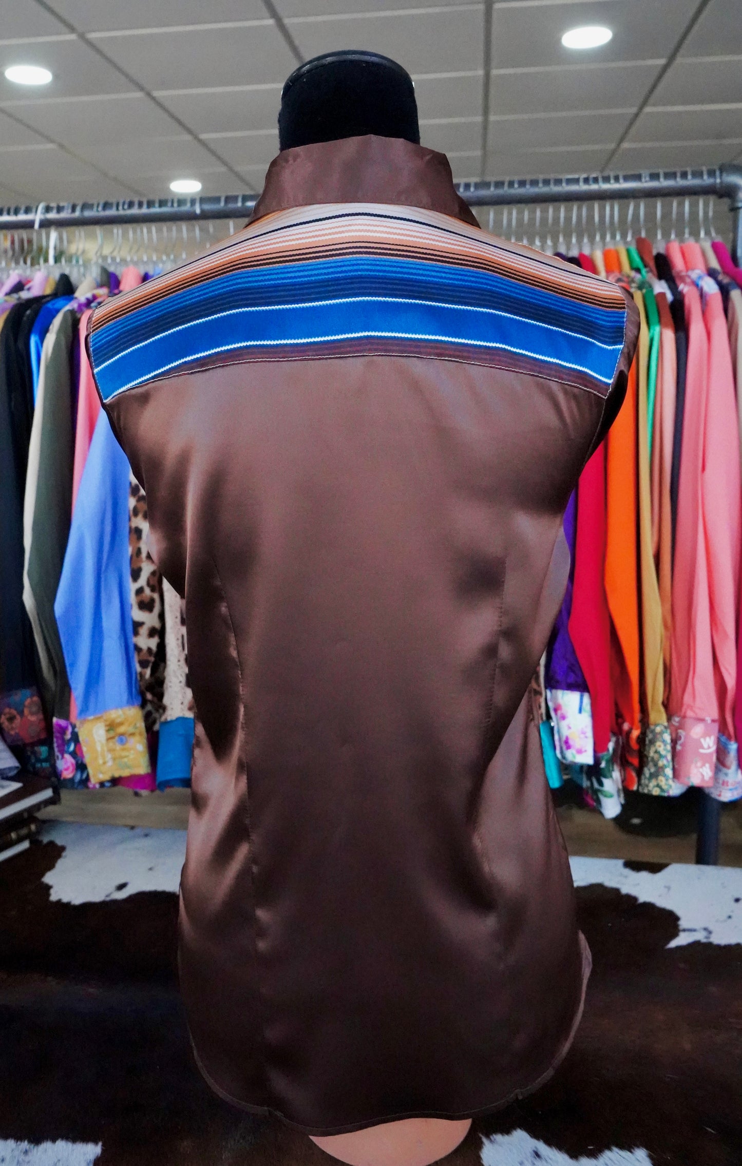 M - Navy & Brown Serape on Brown Satin Button Down