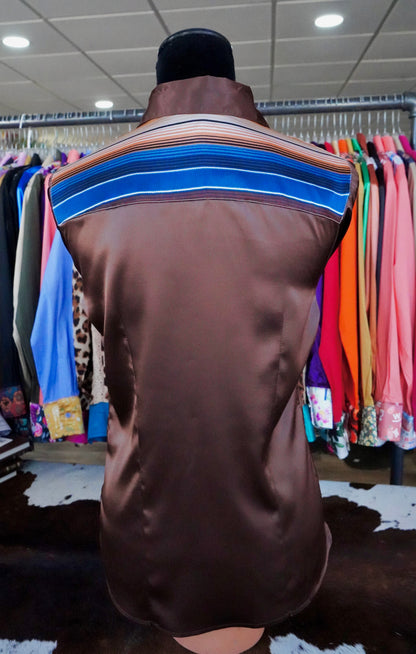 M - Navy & Brown Serape on Brown Satin Button Down