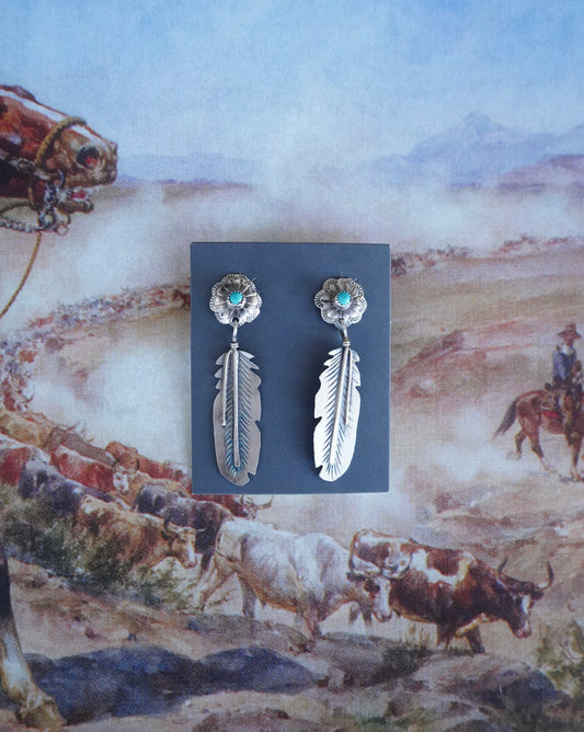 Charlene Yazzie Turquoise Dangly Feather Stud Earrings