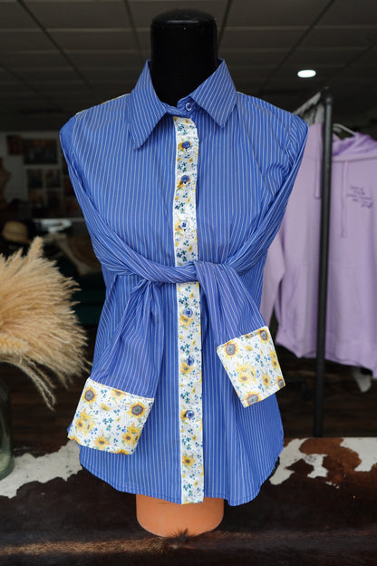 Mini Original Sunflowers on Denim & White Striped Cotton Button Downs