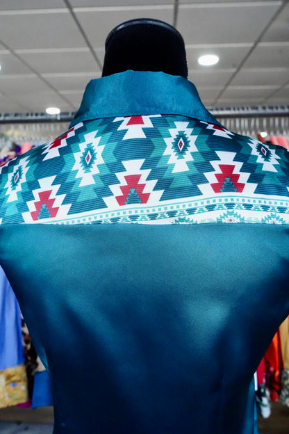 S - Teal Montana Aztec on Teal Satin Button Down