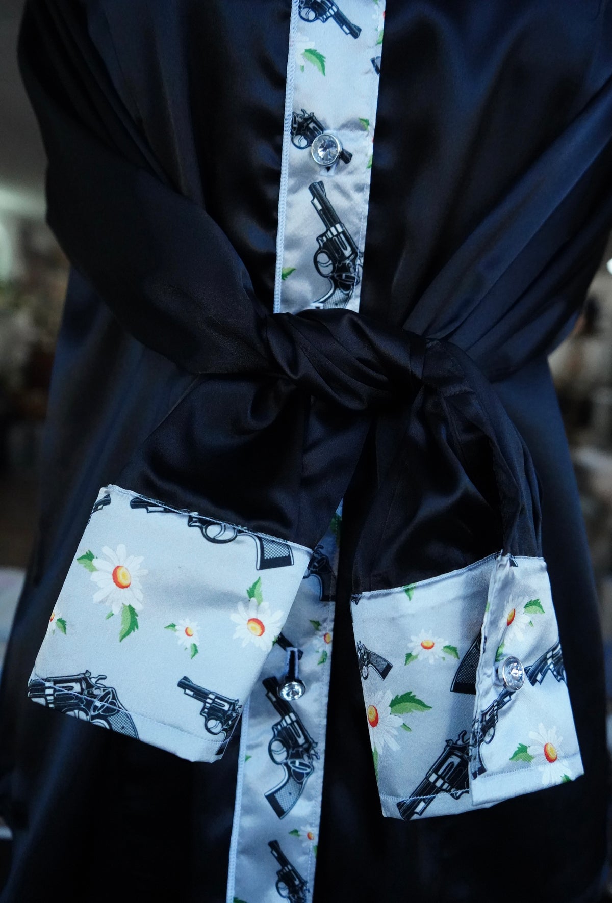 L - Pistols & Daisies on Black Satin Button Down