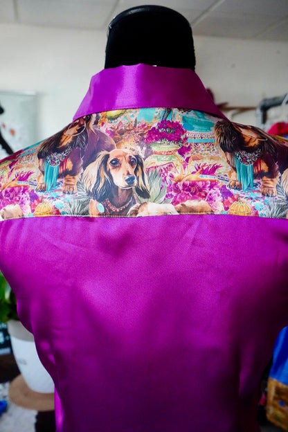 S - Turquoise Dripped Doxies on Magenta Satin Button Down