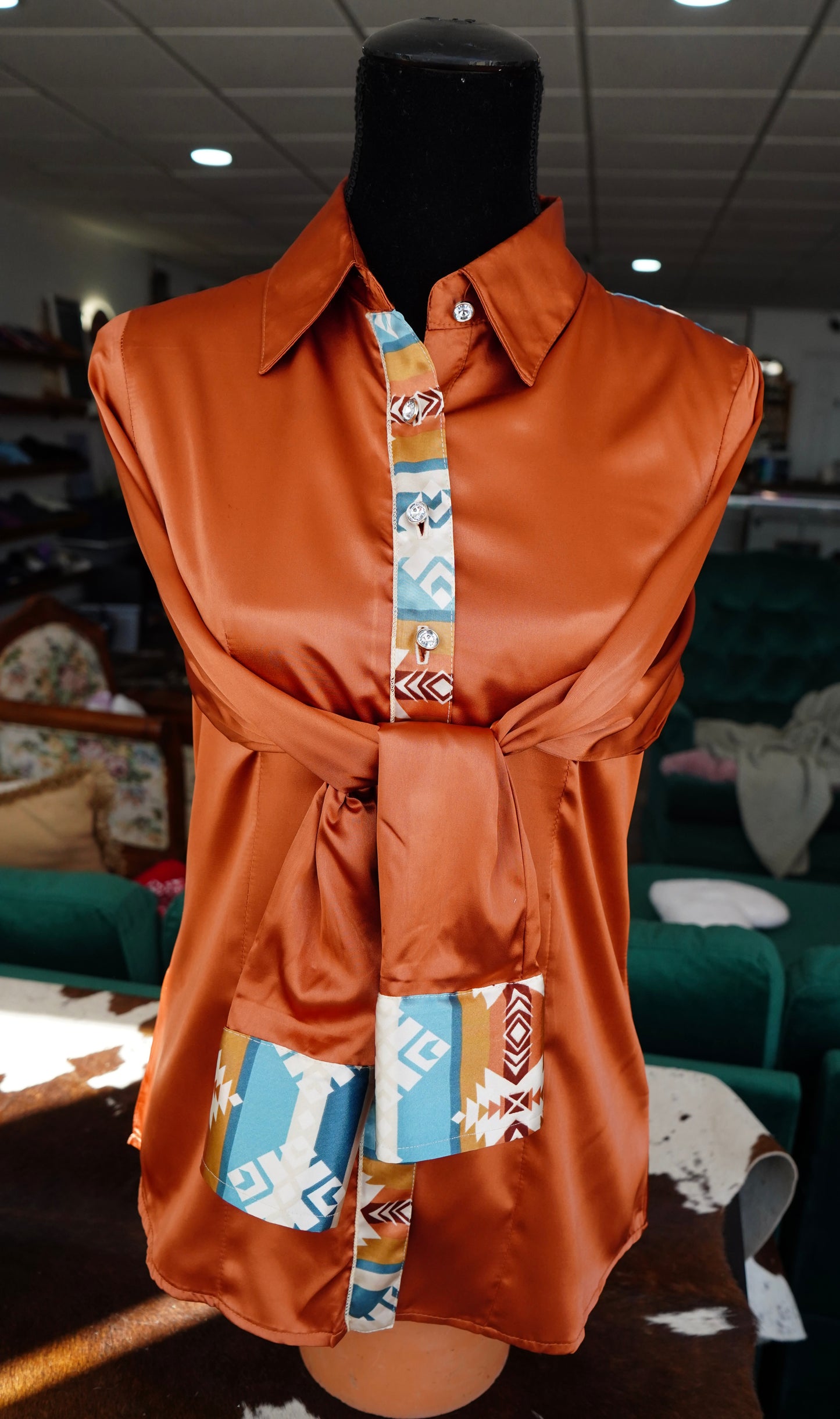 M - Blue/Tan Aztec on Rust Satin Button Down