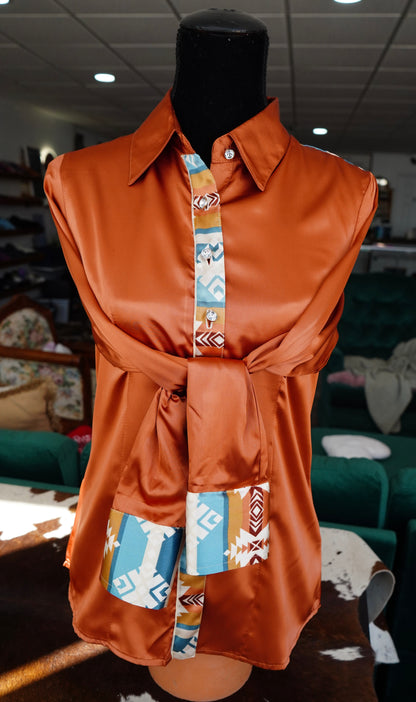 M - Blue/Tan Aztec on Rust Satin Button Down