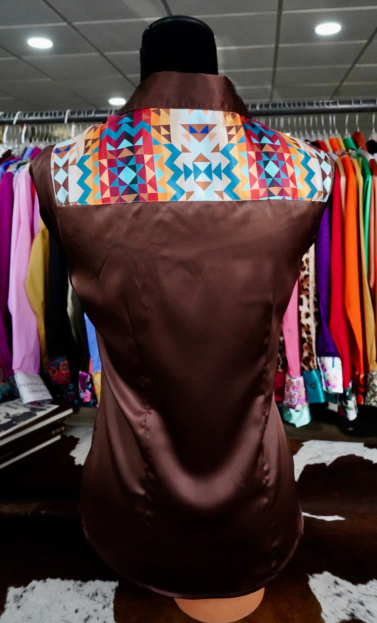S - Sunrise Aztec on Brown Satin Button Down