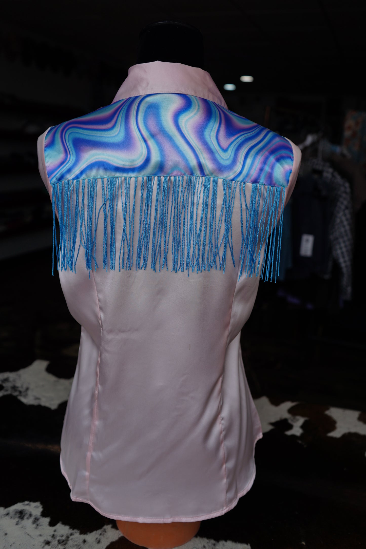 L - Light Pink n Turquoise Oil Spill on Light Pink Satin Button Down w/ Fringe