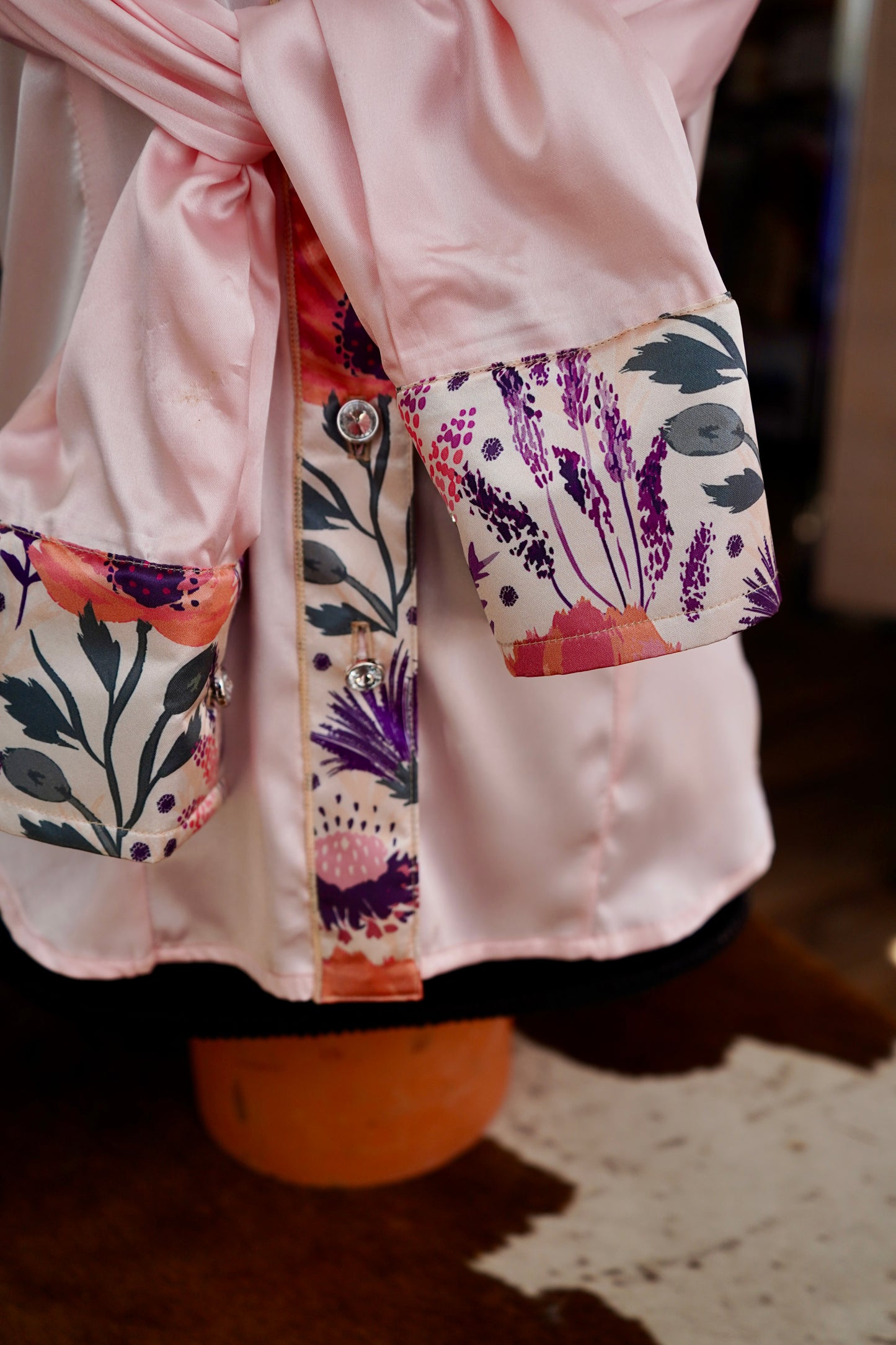 S - Plum Coral Floral on Light Pink Satin Button Down