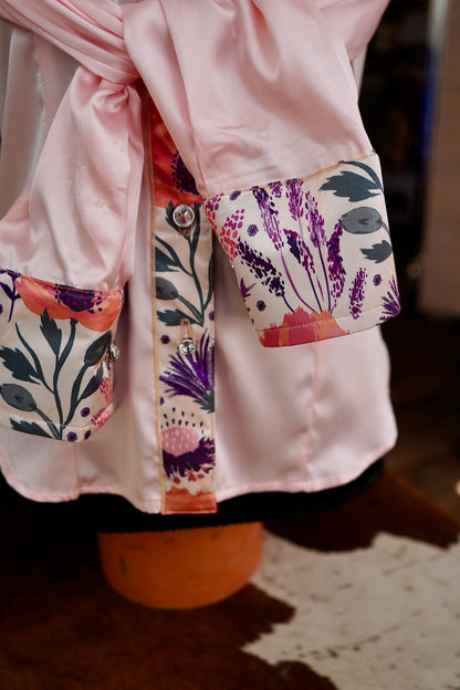 S - Plum Coral Floral on Light Pink Satin Button Down