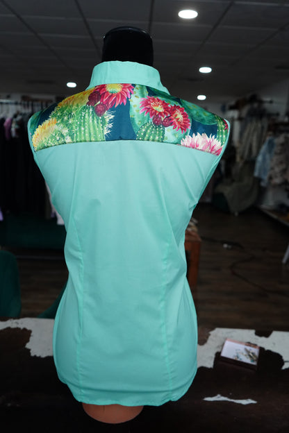 M - Large Green Cactus on Mint Cotton Button Down