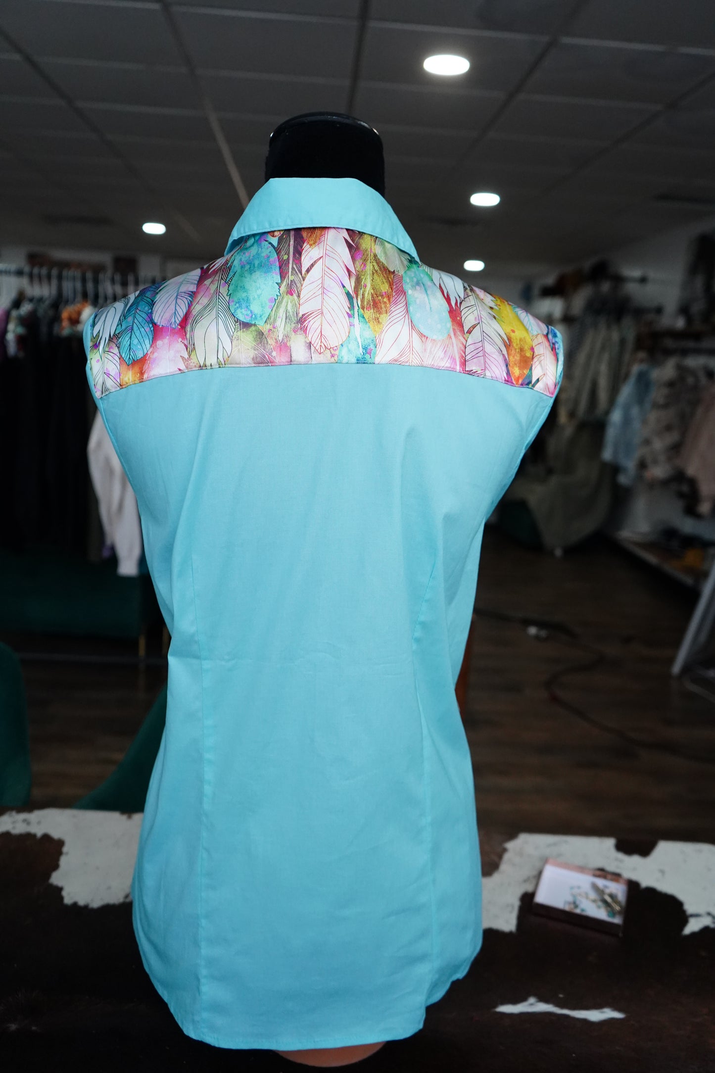 XL - Pink Feathers on Baby Blue Cotton Button Down