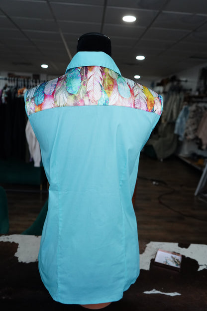 XL - Pink Feathers on Baby Blue Cotton Button Down
