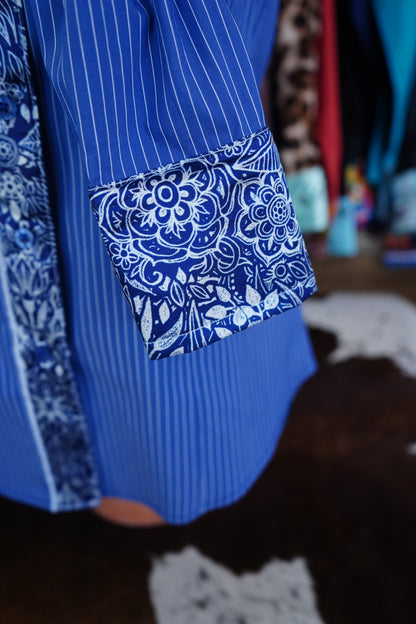 M - Indigo Bohemian on Denim Stripe Cotton Button Down
