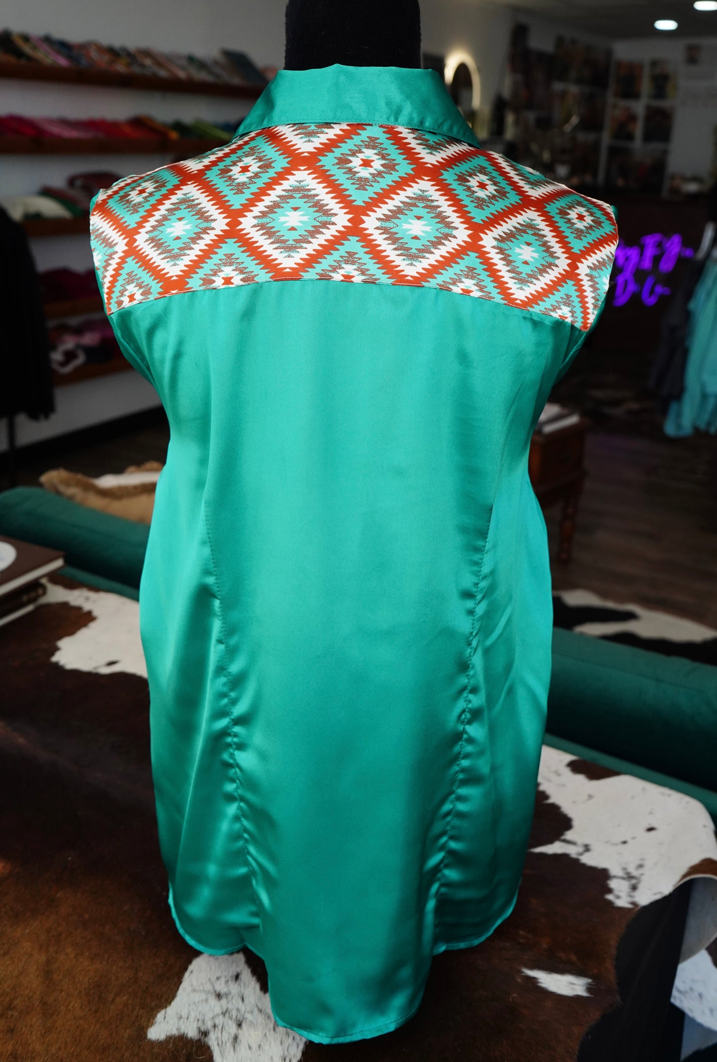3XL - Rust Diamond Aztec on Emerald Satin Button Down
