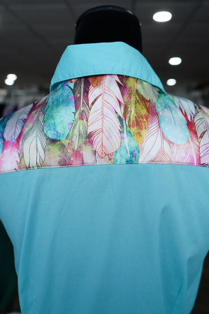 XL - Pink Feathers on Baby Blue Cotton Button Down