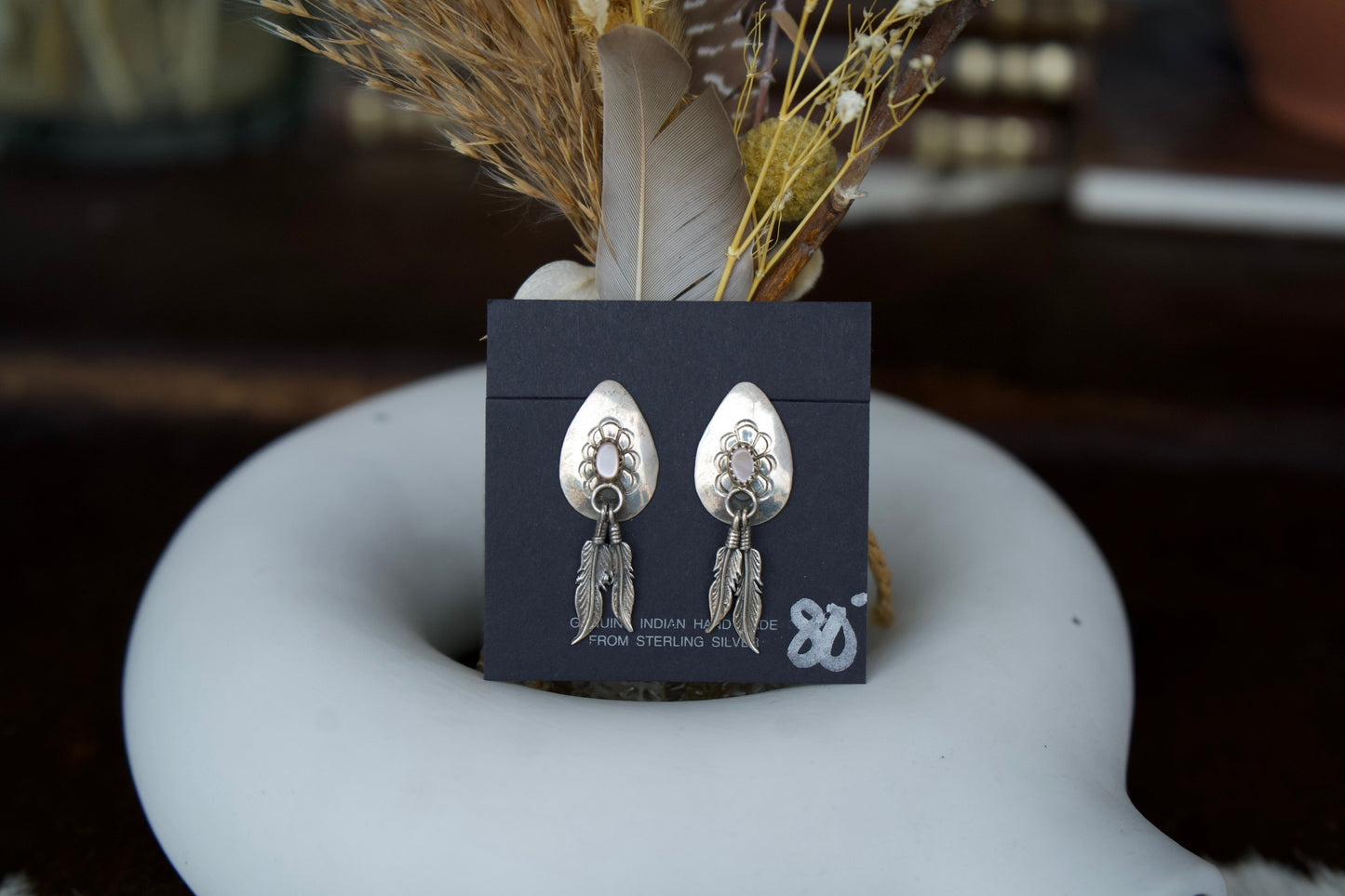 Vintage Mother of Pearl Sterling Silver Feather Dangles Post Earrings