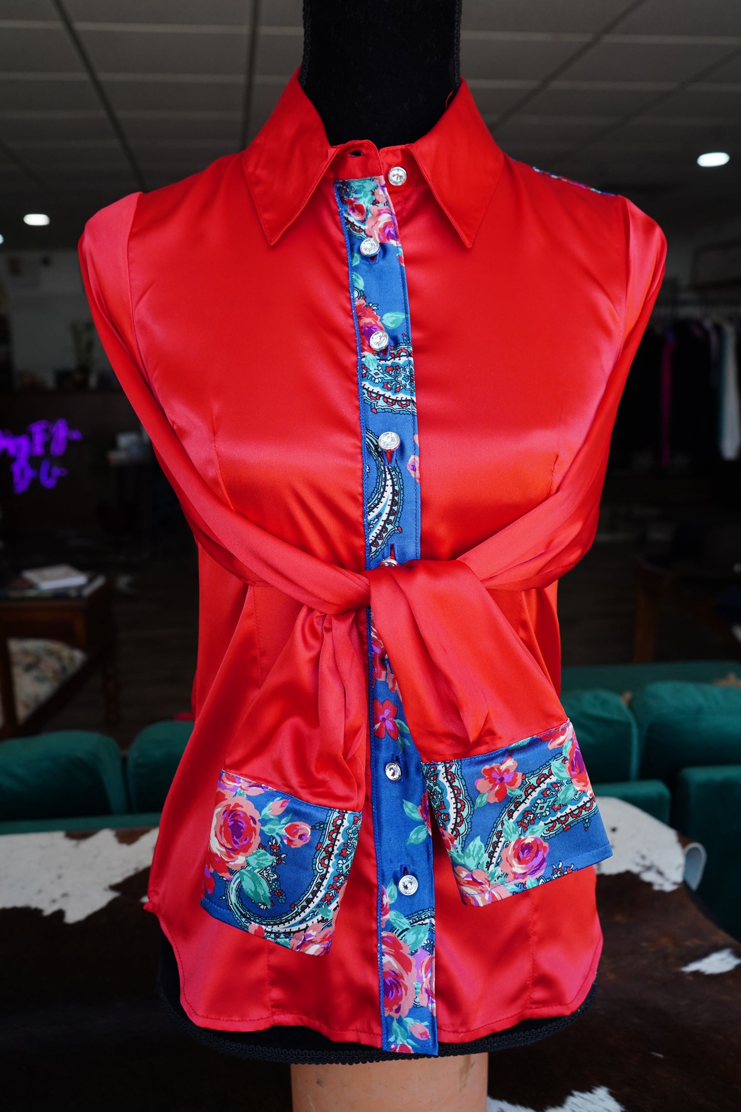 S - Blue Paisley w/ Pink Roses on Red Satin Button Down