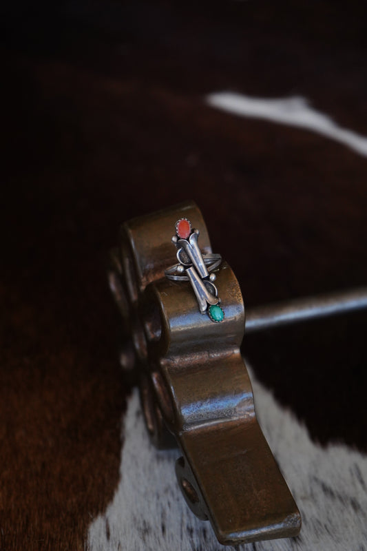 Vintage Turquoise & Red Coral Blossom Ring - Sz 7