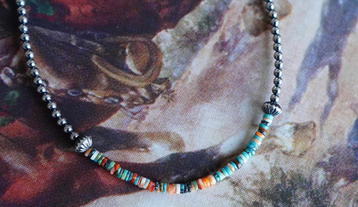 Sterling Silver Pearls w/ Turquoise & Orange Soiny Heishi Beads - 14”