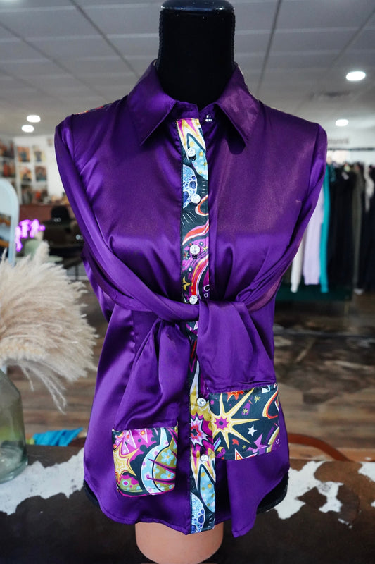 L - Groovy Space on Dark Purple Satin Button Down