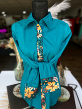 Load image into Gallery viewer, XL - Dark Turquoise w/ Drawn Wildflowers on Teal Cotton Button Down