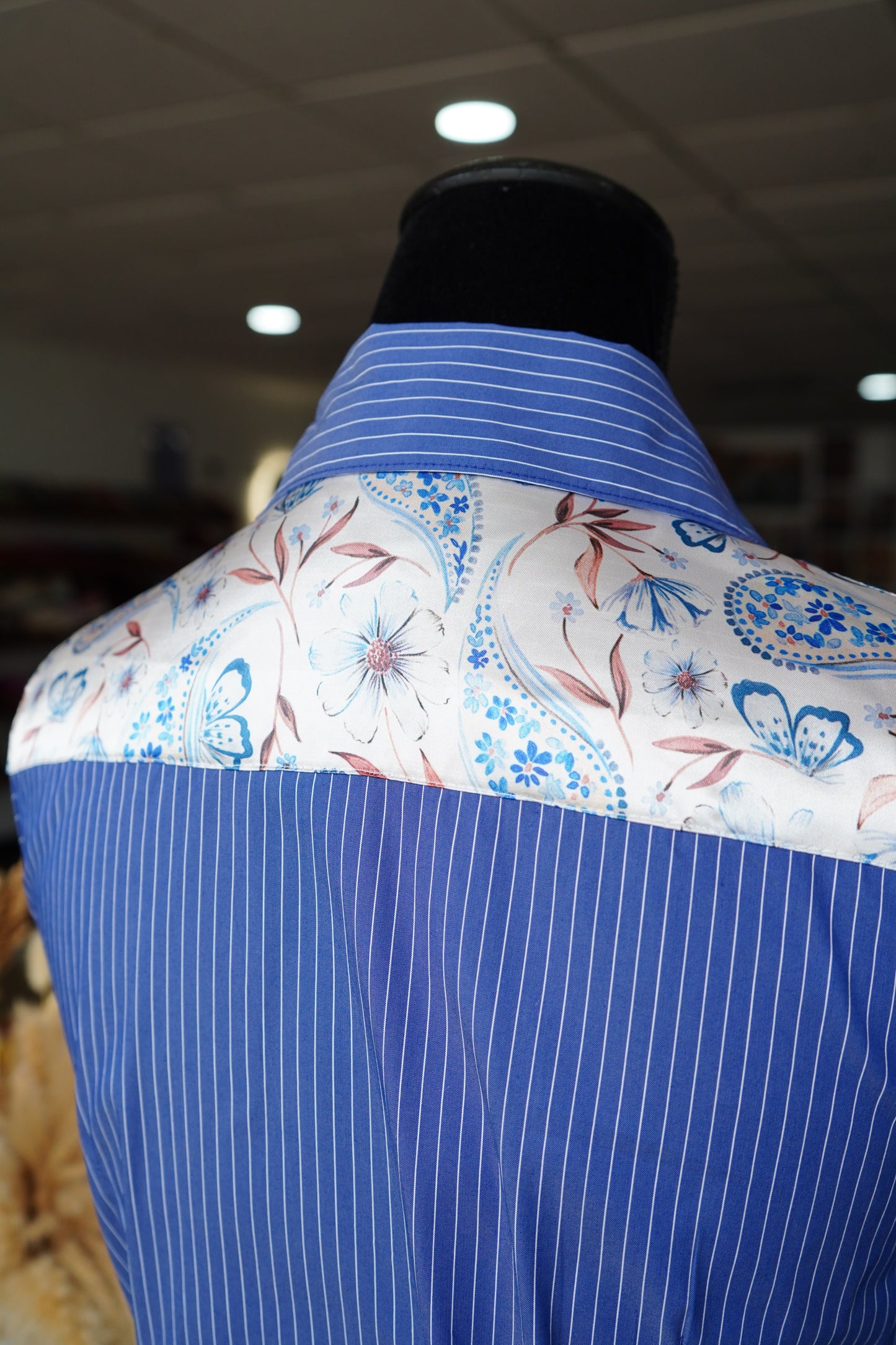 S - Rust Floral Paisley on Denim & White Striped Button Down