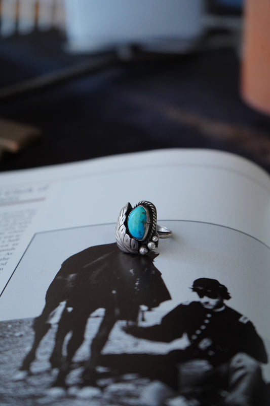 Vintage Turquoise w/ Feather & Beads Ring - Sz 7