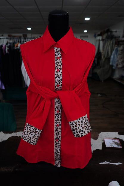 3XL - Cheetah on Red Cotton Button Down
