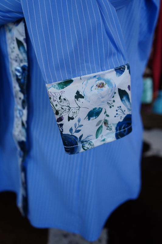 L - Navy Feather Floral on Blue Stripe Cotton Button Down