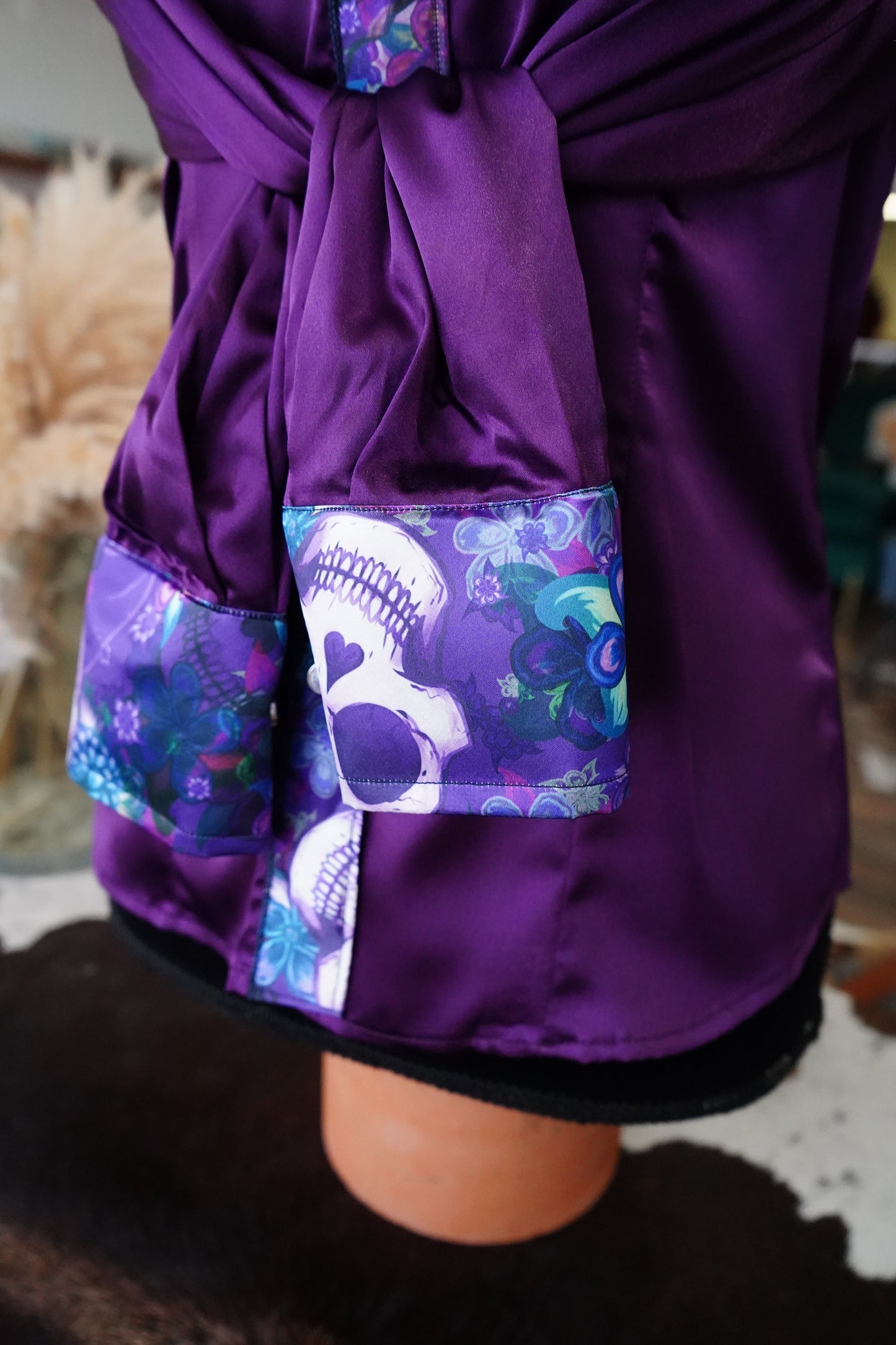 S - Purple Floral Skulls on Purple Satin Button Down