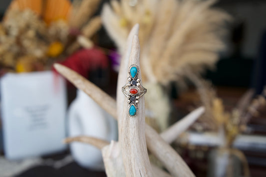 Turquoise & Red Coral Three Stone Ring - Size 6