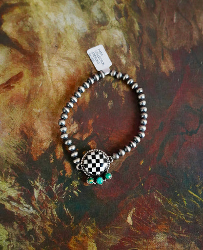 4mm Sterling Silver Pearl w/ Kingman Turquoise & Checkered Stretchy Bracelets