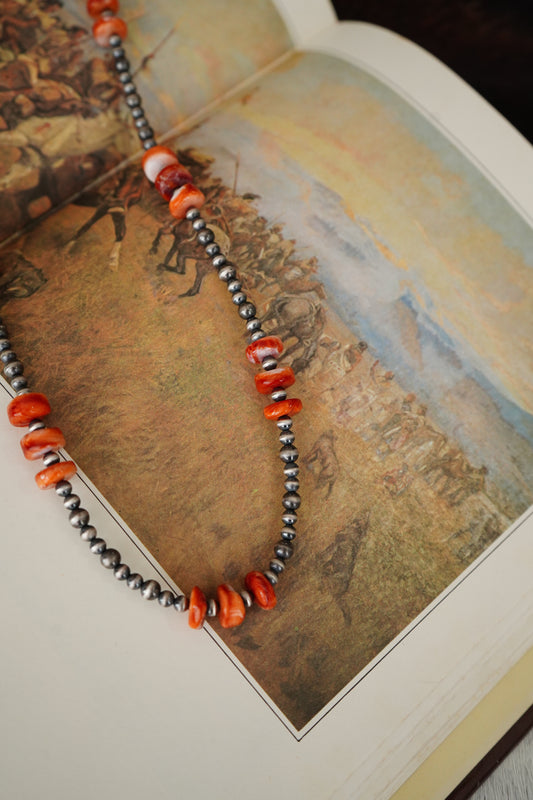Sterling Silver Pearls w/ Orange Spiny 3 Stone Clusters - 22”