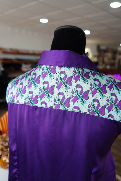 3XL - You Matter on Purple Satin Button Down