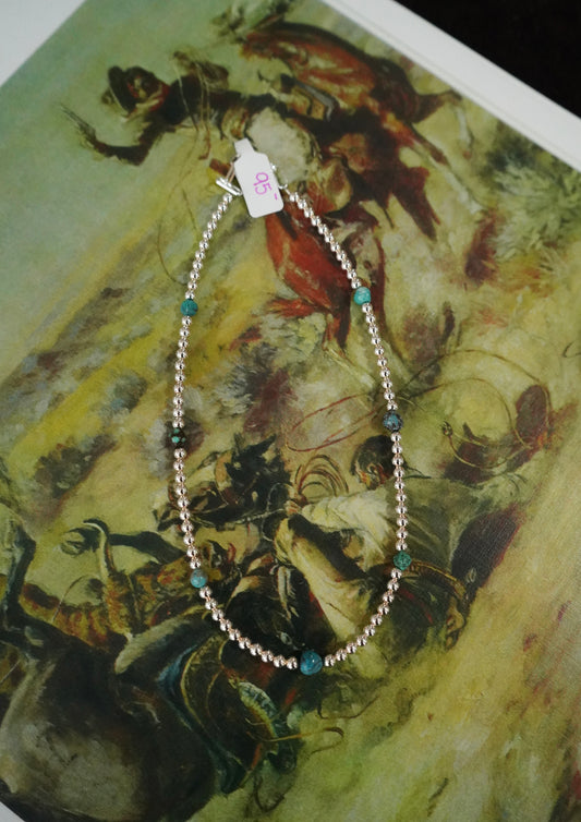 Shiny Sterling Silver Pearls w/ Turquoise Beads Necklace - 16”