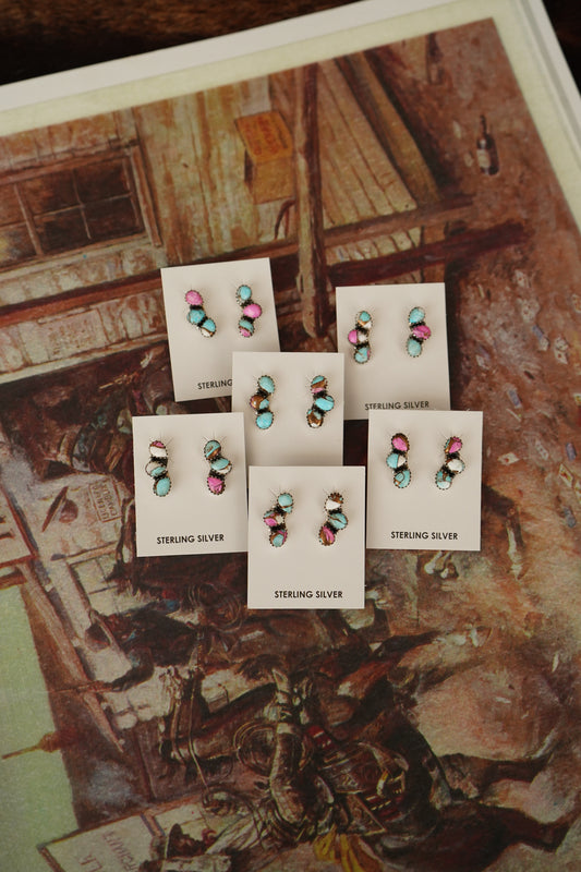 Cotton Candy 3 Stone Stud Earrings