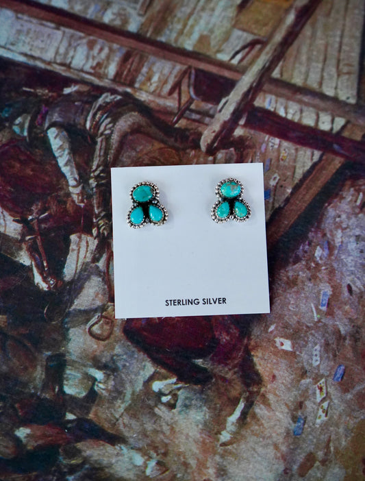 Turquoise Round Stone w/ 2 Teardrop Cluster Stud Earrings