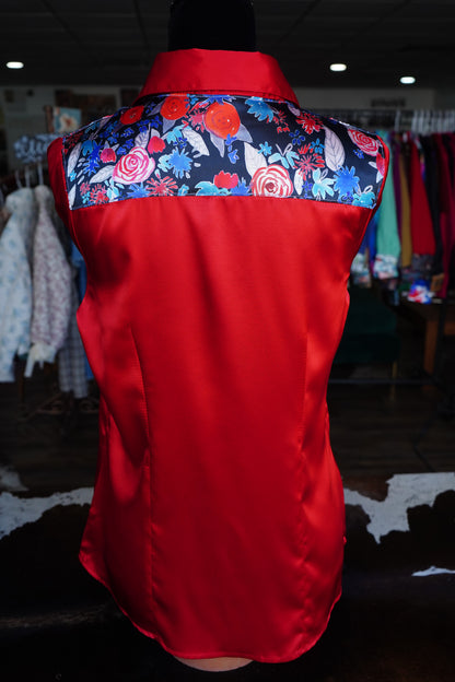 PRELOVED - L - Patriotic Painted Floral on Red Satin Button Down