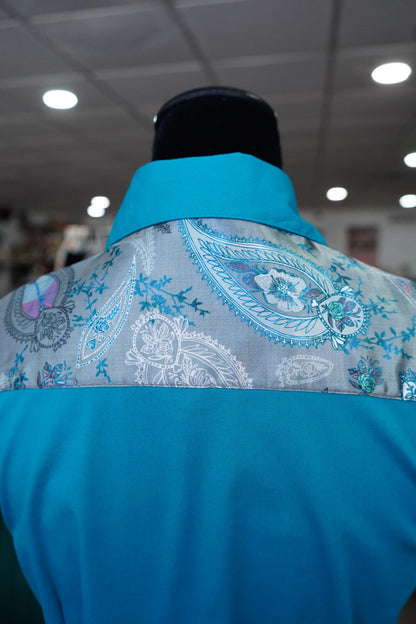 M - Gray Boho Paisley on Teal Cotton Button Down