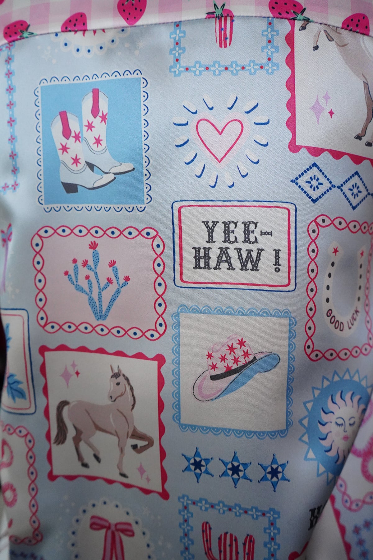 Daisy Original Howdy Patches w/ Plaid Strawberries Button Down - Size 8