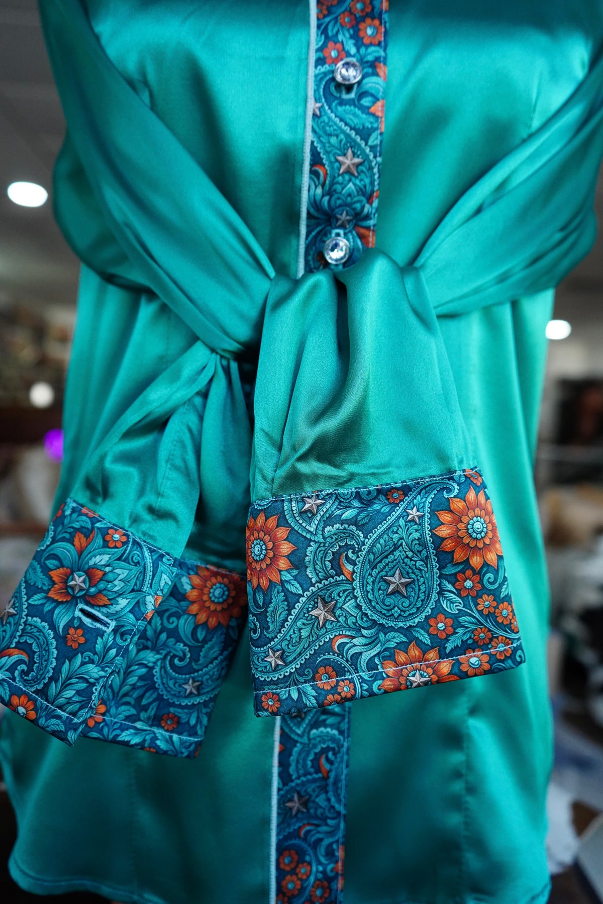 M - Teal & Rust Floral Paisley on Emerald Satin Button Down